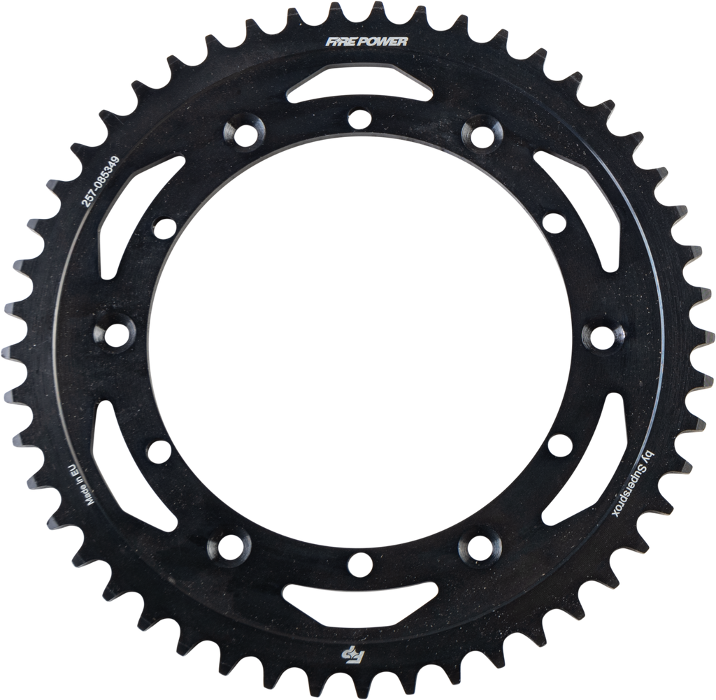Steel Fire Power Fire Power Rear Sprocket 49t black off-road bike part with teeth for off-road motorcycle or dirt bike.