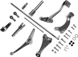 Chrome HardDrive Forward Control Kit for XL 14-20 motorcycle, drive system components, with detailed mounting hardware visible.