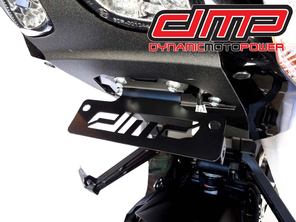 DMP black Fender Eliminator Kit for motorcycle, body-mounted license plate holder with sleek design and mounting hardware.