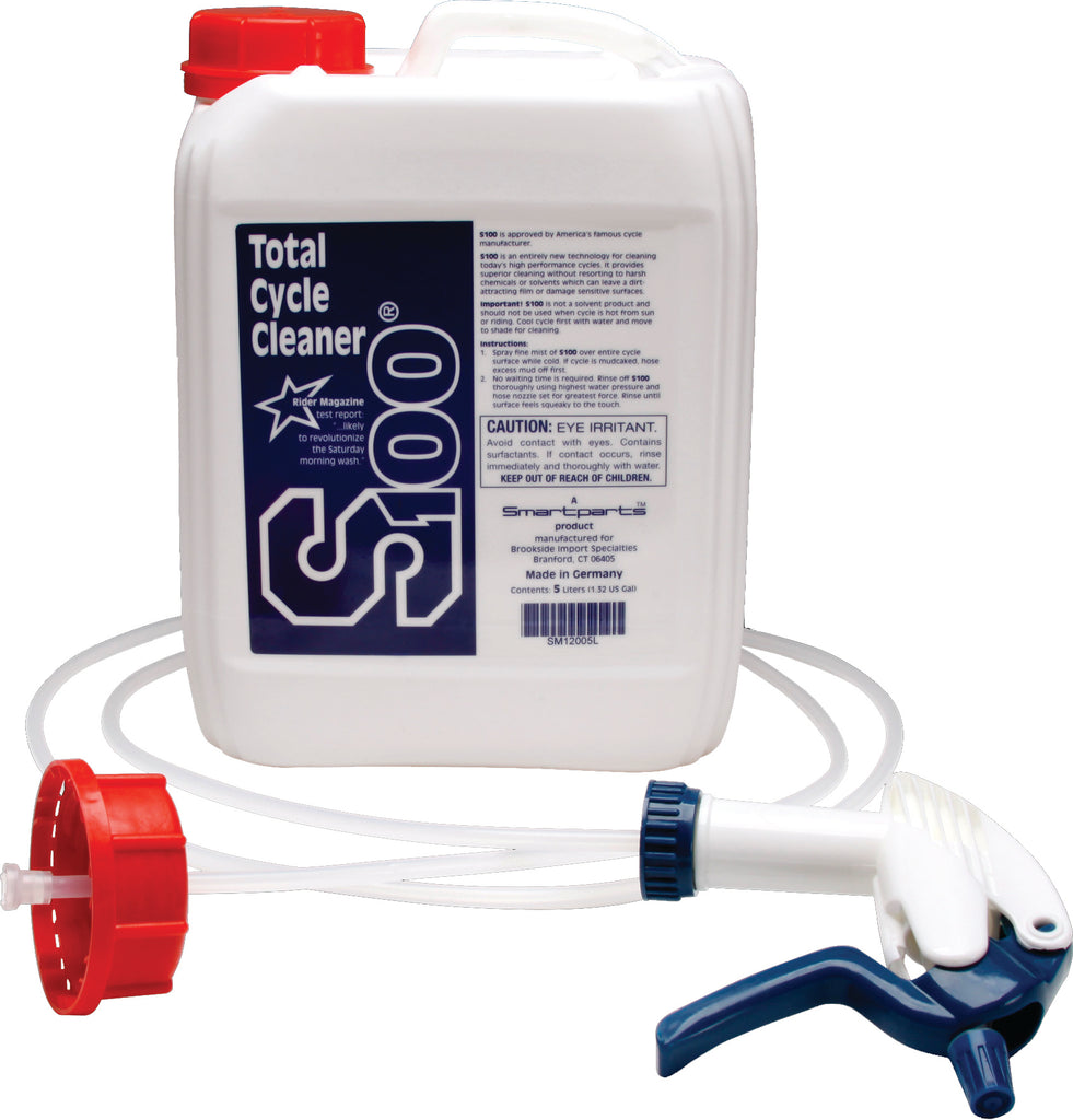 S100 Total Cycle Cleaner 5L canister, industrial-grade chemical for cleaning motorcycle and bike components, in a white container.