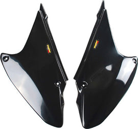 Maier black side panels for motorcycle, model 65-0605BK, shown with close-up view of textured surface and mounting edges.