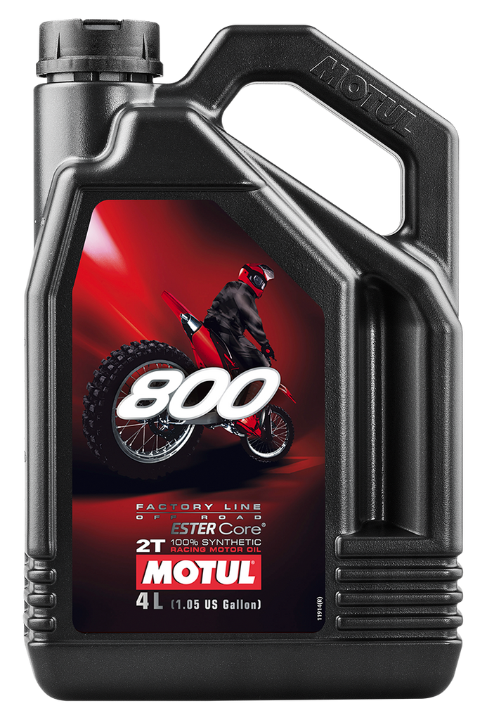 Bottle of Motul 800 Pro Racing 2T premix oil for motorbikes, 4-liter case, with labeled branding and product details visible.