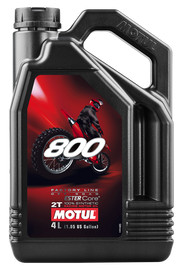 Bottle of Motul 800 Pro Racing 2T premix oil for motorbikes, 4-liter case, with labeled branding and product details visible.
