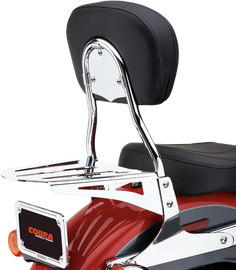 Chrome Cobra short sissy bar with round design, suitable for Harley Davidson models from 2000 to 2017, features a sleek body style.