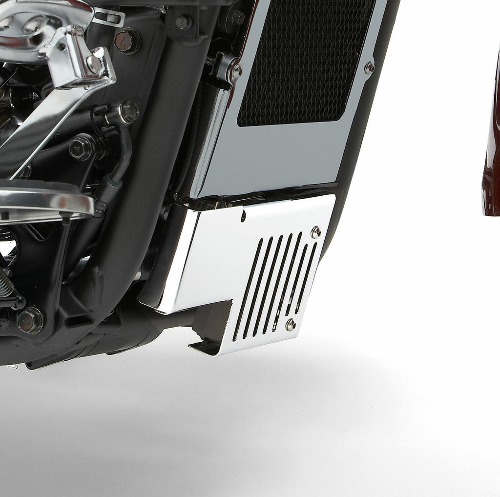 Chrome Cobra regulator cover guard for Kawasaki Vulcan Vn900 motorcycle, model 82-97572, with protective braces and sleek finish.