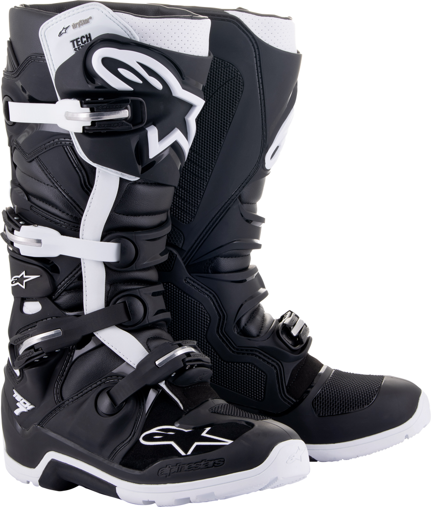 Alpine Star Tech 7 Enduro Drystar motorcycle boots in black and white, size 8, with protective design and durable materials.