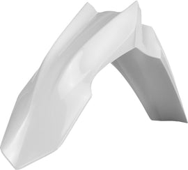 Acerbis white front fender for motorcycles, showing the curved plastic design with mounting points on a neutral background.
