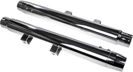 HardDrive Radium mufflers with chrome finish and chrome end caps for exhaust system, shown from side view.