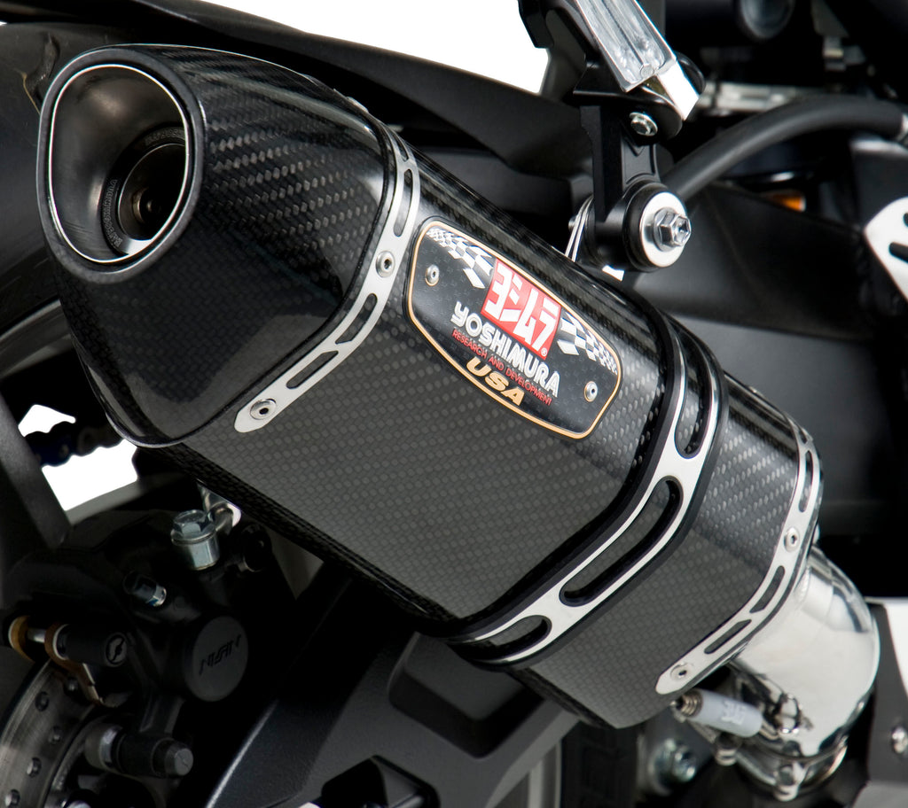 Yoshimura Street R-77 slip-on exhaust with stainless steel and carbon fiber components, designed for motorcycle performance.
