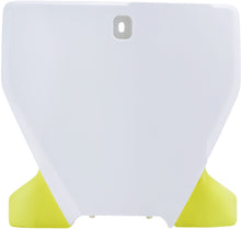 Load image into Gallery viewer, Acerbis white and yellow front number plate for motorcycle with mounting holes and bold Acerbis logo on the surface.