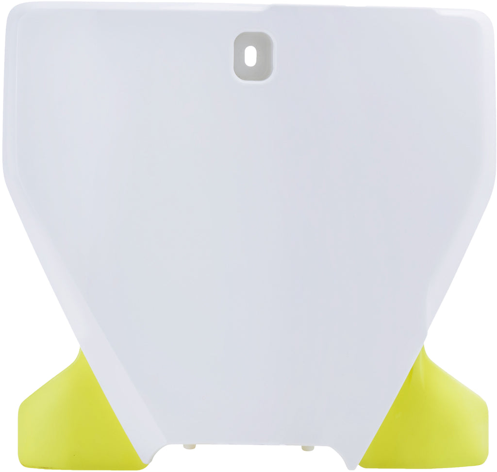 Acerbis front number plate in white and yellow for motocross or dirt bikes, featuring a sleek design and bold color accents.