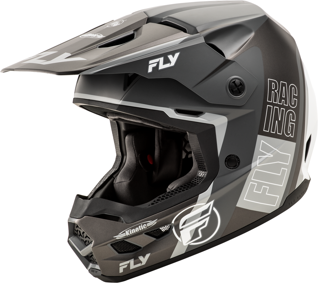 Fly Racing Kinetic Rally helmet in matte grey, black, and white, size XS, with aerodynamic design and ventilation features.