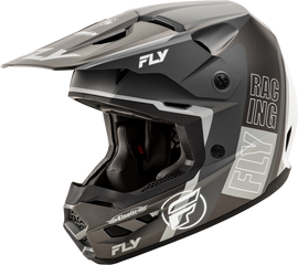Fly Racing Kinetic Rally helmet in matte grey, black, and white, size XS, with aerodynamic design and ventilation features.