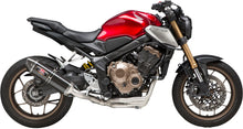 Load image into Gallery viewer, Yoshimura R-77 Race exhaust system in stainless steel and carbon fiber for Honda motorcycles, shown from side view.
