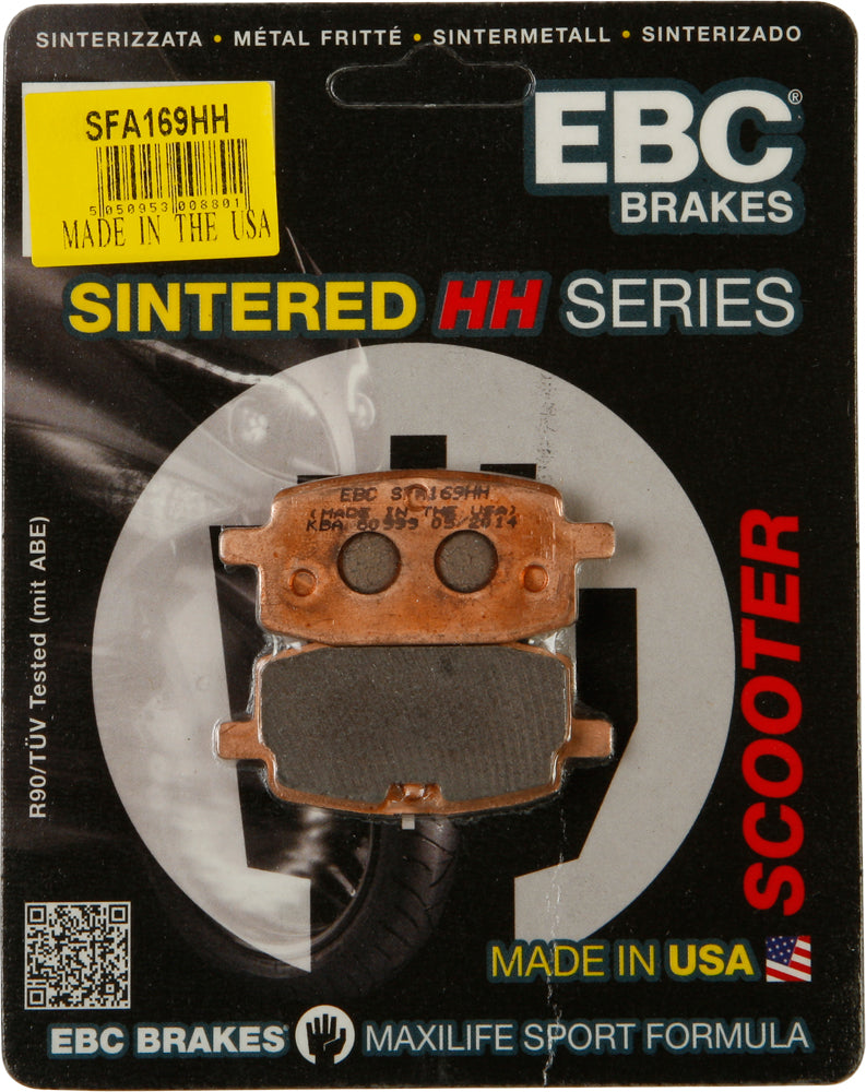 EBC Motorcycle Brakes Sfa169hh Double-H Sintered Brake Pads showing metallic surface and branding for high-performance motorcycle braking.