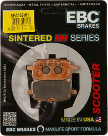 EBC Motorcycle Brakes Sfa169hh Double-H Sintered Brake Pads showing metallic surface and branding for high-performance motorcycle braking.