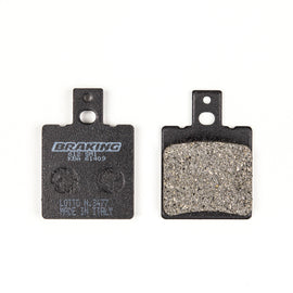 Semi-metallic braking brake pad set by Braking, showing two brake pads with metal and friction material for vehicle stopping power.