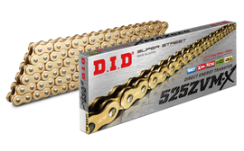 D.I.D Super Street 525zvmxg-100l gold X-Ring motorcycle chain with silver links and detailed branding, close-up view.