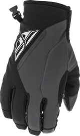 Fly Racing Title Gloves in black and grey, size 8, featuring padded palms and breathable fabric for motocross riding.