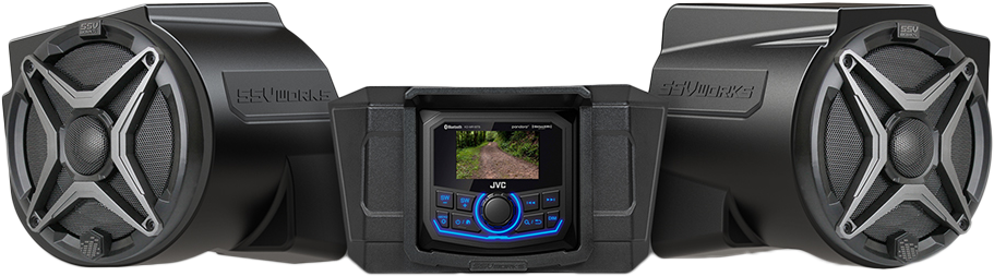 SSV Works 2-speaker kit with JVC controller for audio system, featuring compact speakers and control unit mounted on vehicle.