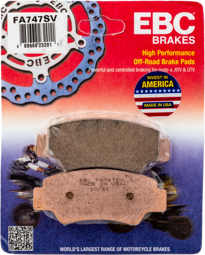 EBC Motorcycle Brakes FA747SV Severe Duty SV Series brake pads, shown in black with metal backing plates, for motorcycle braking systems.
