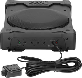 Boss Audio powered under-seat 8-inch weatherproof subwoofer with built-in amplifier, designed for enhanced vehicle audio systems.