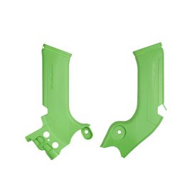 Polisport Plastics green street motorcycle frame protectors for Kawasaki model 64-847142, shown on the bike frame.