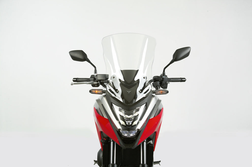 National Cycle Vstream tall clear windshield for motorcycle, showing its transparent, curved design with mounting edges.