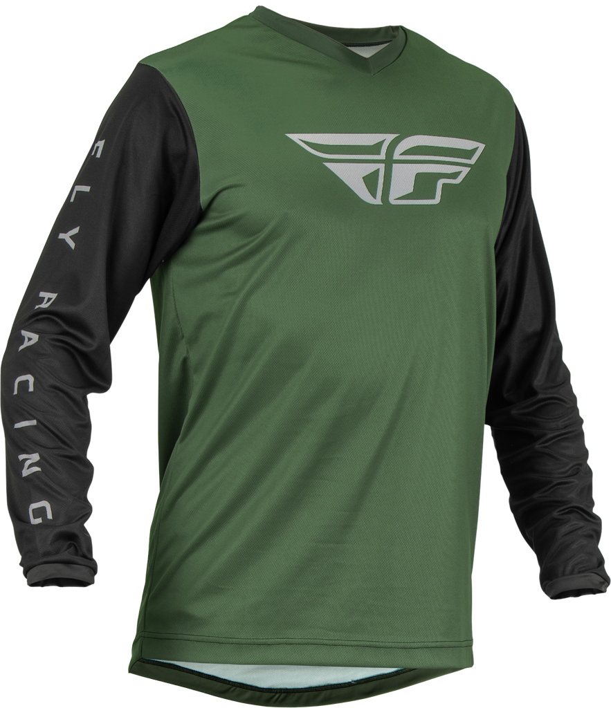 Fly Racing F-16 Jersey in olive green and black, featuring lightweight fabric and bold design, displayed on a plain background.