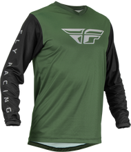 Load image into Gallery viewer, Fly Racing F-16 Jersey in olive green and black, featuring lightweight fabric and bold design, displayed on a plain background.