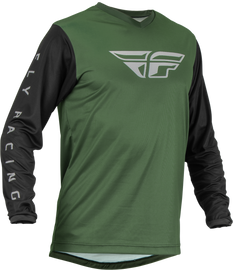 Fly Racing F-16 Jersey in olive green and black, featuring lightweight fabric and bold design, displayed on a plain background.