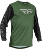 Fly Racing F-16 Jersey in olive green and black, featuring lightweight fabric and bold design, displayed on a plain background.