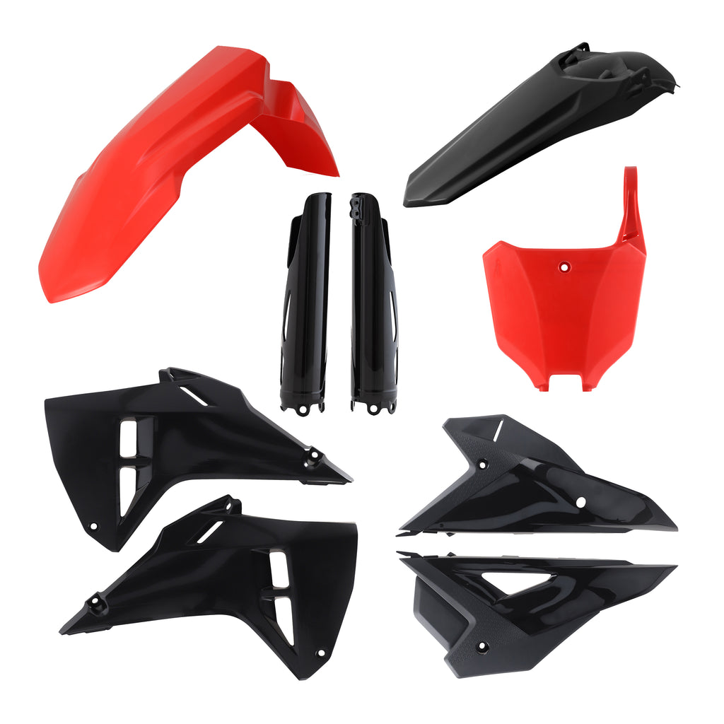 Acerbis plastic kit in red and black, featuring various motorcycle body panels and components for full replacement.