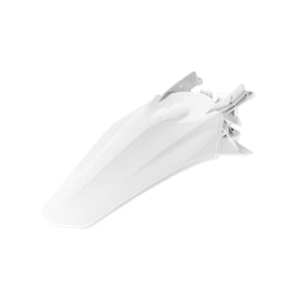 Polisport Plastics white rear fender for MX motorcycle, model 64-855842, shown on a dirt bike with a close-up view of the fender.
