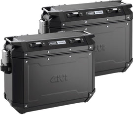 GIVI Obkn37b Outback side cases in black, 37-liter capacity, mounted on motorcycle luggage rack, showing durable luggage storage.