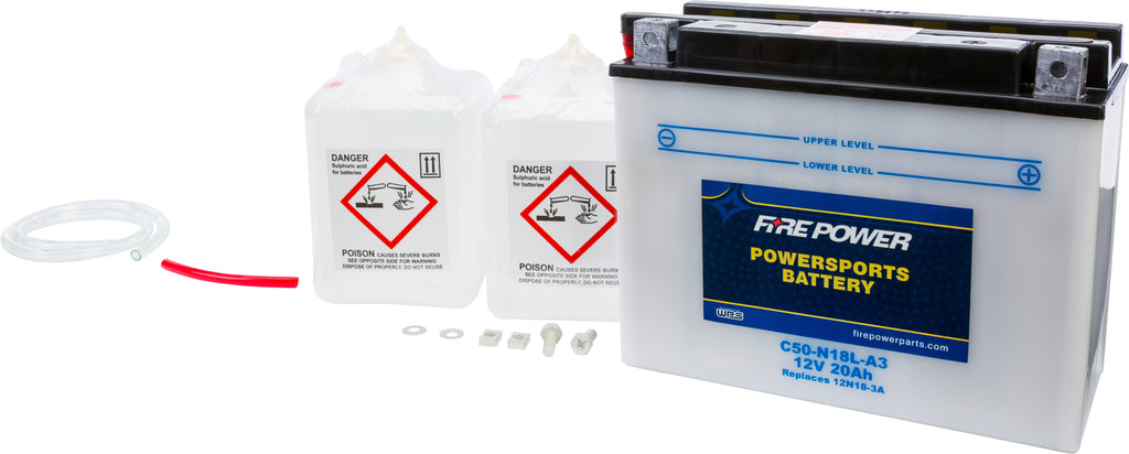 Fire Power 12V heavy-duty battery C50-N18l-A3 with acid, designed for reliable power and durability.