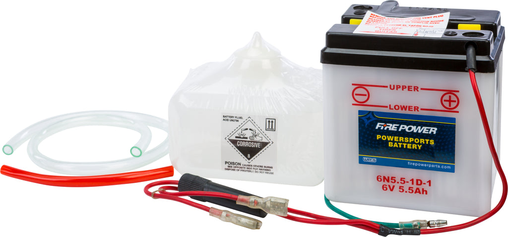 Fire Power 6V battery with acid, model 6N5.5-1D-1, showing its compact design and terminal connections.