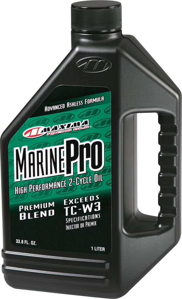 Maxima Marine Pro 1-gallon chemical container with label, used for marine engine treatment, in a clear plastic jug with a handle.