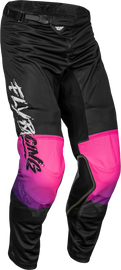 Fly Racing Youth Kinetic Mesh Khaos Pants in black, purple, and pink, size 24, featuring lightweight mesh material and protective design.