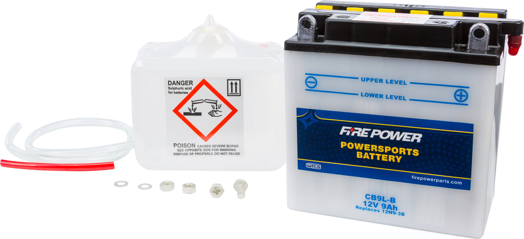 Fire Power CB9L-B 12V heavy-duty battery with acid, designed for reliable power and durability in various applications.