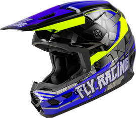 Fly Racing Youth Kinetic Scorched helmet in black and grey, size medium/large, with a sleek design and vented construction.