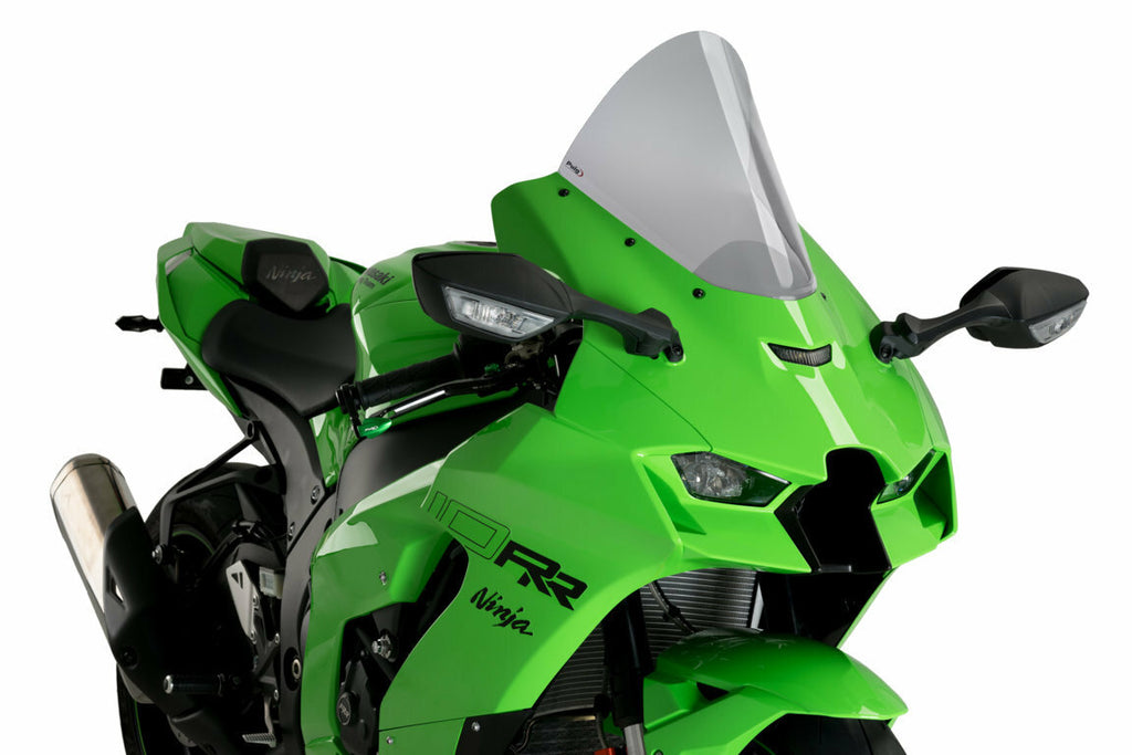 PUIG R-Racer Smoke motorcycle windshield showing sleek black tinted design for Kawasaki bike.