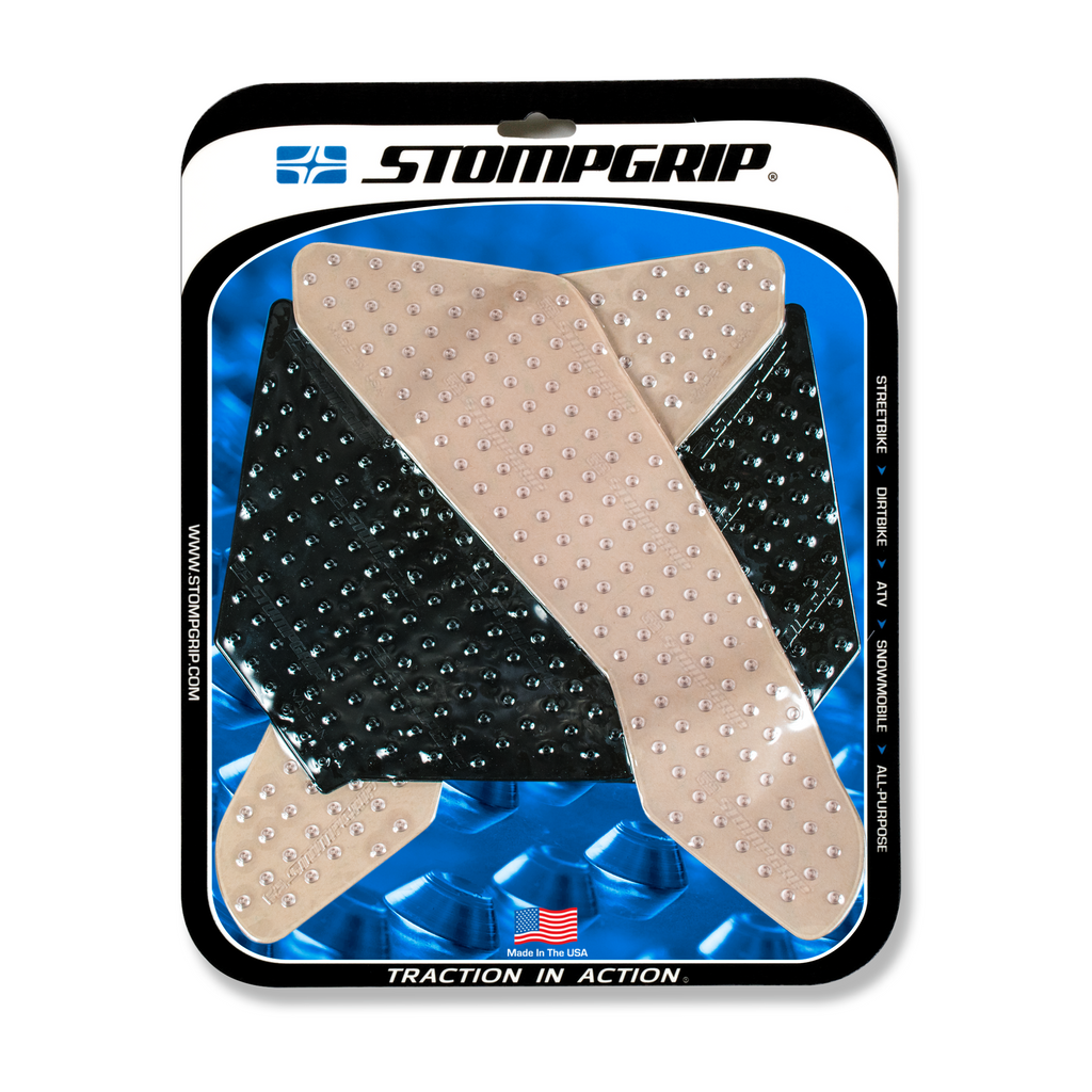 Stompgrip Tank Pad Kit Volcano clear and black for motorcycle tanks, featuring textured grip pads on a black and transparent design.