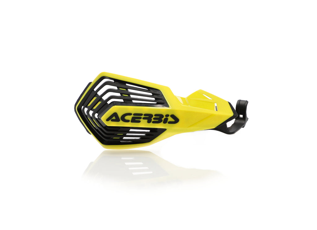 Acerbis K-Future off-road handguard in yellow and black attached to a motorcycle handlebar, designed for off-road riding.