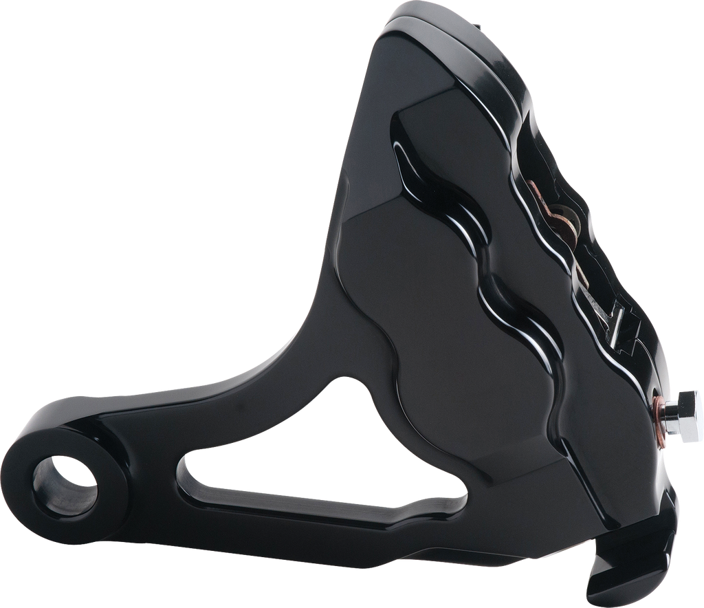 Hawg Halters Inc 4 piston rear brake caliper assembly in black for Harley Davidson models 2000-2007, part number 750-04023.