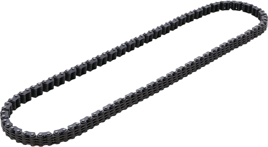 Close-up of a HOT CAMS engine cam chain showing its metallic links and robust construction for motorcycle engine performance.
