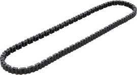 Close-up of a HOT CAMS engine cam chain showing its metallic links and robust construction for motorcycle engine performance.