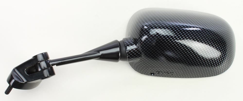 Emgo carbon left mirror for Kawasaki motorcycle, showing sleek black finish and mounting bracket on a plain background.