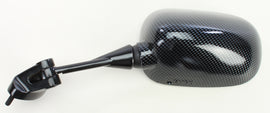 Emgo carbon left mirror for Kawasaki motorcycle, showing sleek black finish and mounting bracket on a plain background.