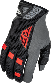 Fly Racing Coolpro gloves in black and red, XL size, showing the durable fabric and detailed design on the back of the hand.